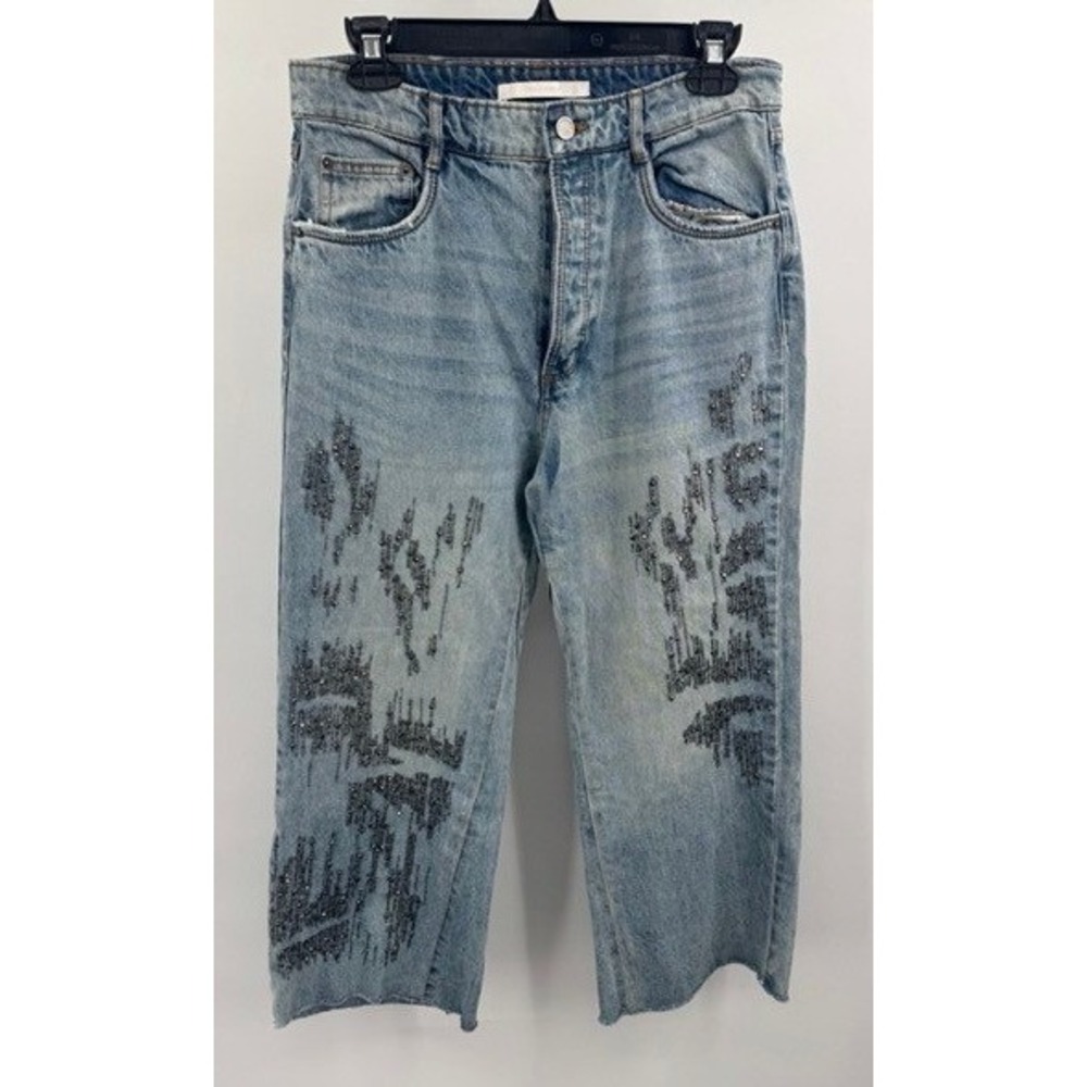 Zara Trafaluc Light Wash Blue Beaded Distressed Wide Leg Jeans SZ 4 Boho Raw
